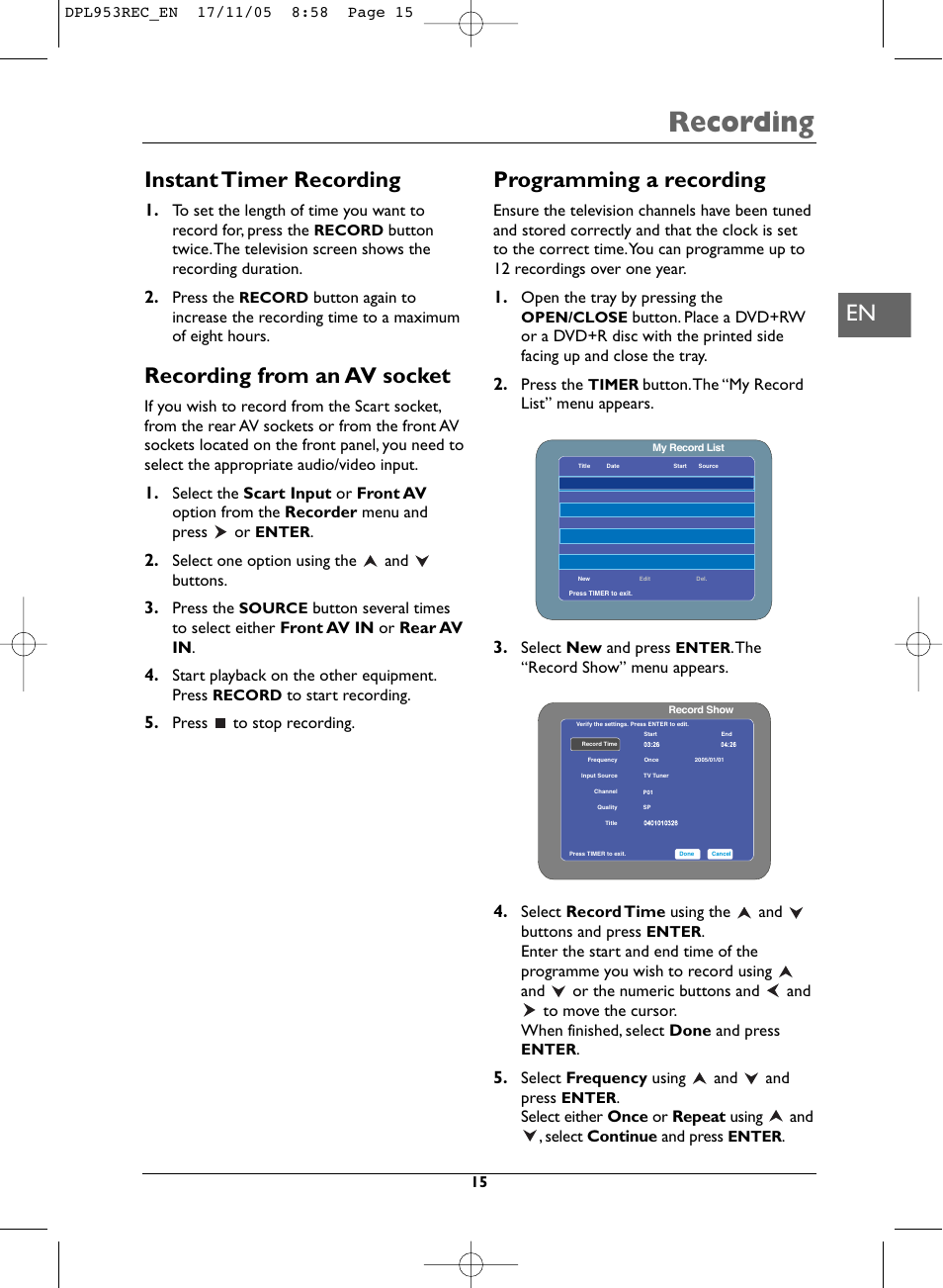 Recording, Instant timer recording, Recording from an av socket | Programming a recording | Technicolor - Thomson DPL953REC User Manual | Page 15 / 30