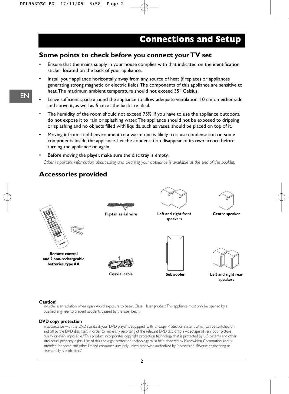 Connections and setup, Accessories provided | Technicolor - Thomson DPL953REC User Manual | Page 2 / 30