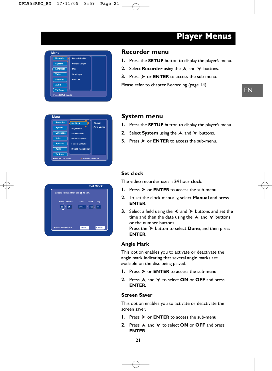 Player menus, Recorder menu, System menu | Set clock, Angle mark, Screen saver | Technicolor - Thomson DPL953REC User Manual | Page 21 / 30