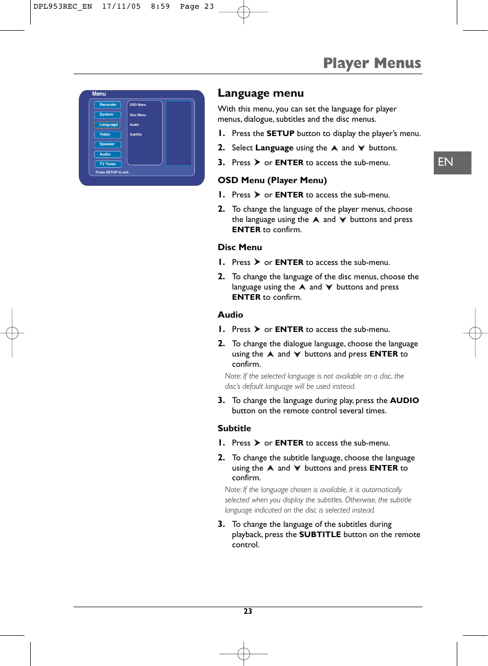 Player menus, Language menu | Technicolor - Thomson DPL953REC User Manual | Page 23 / 30