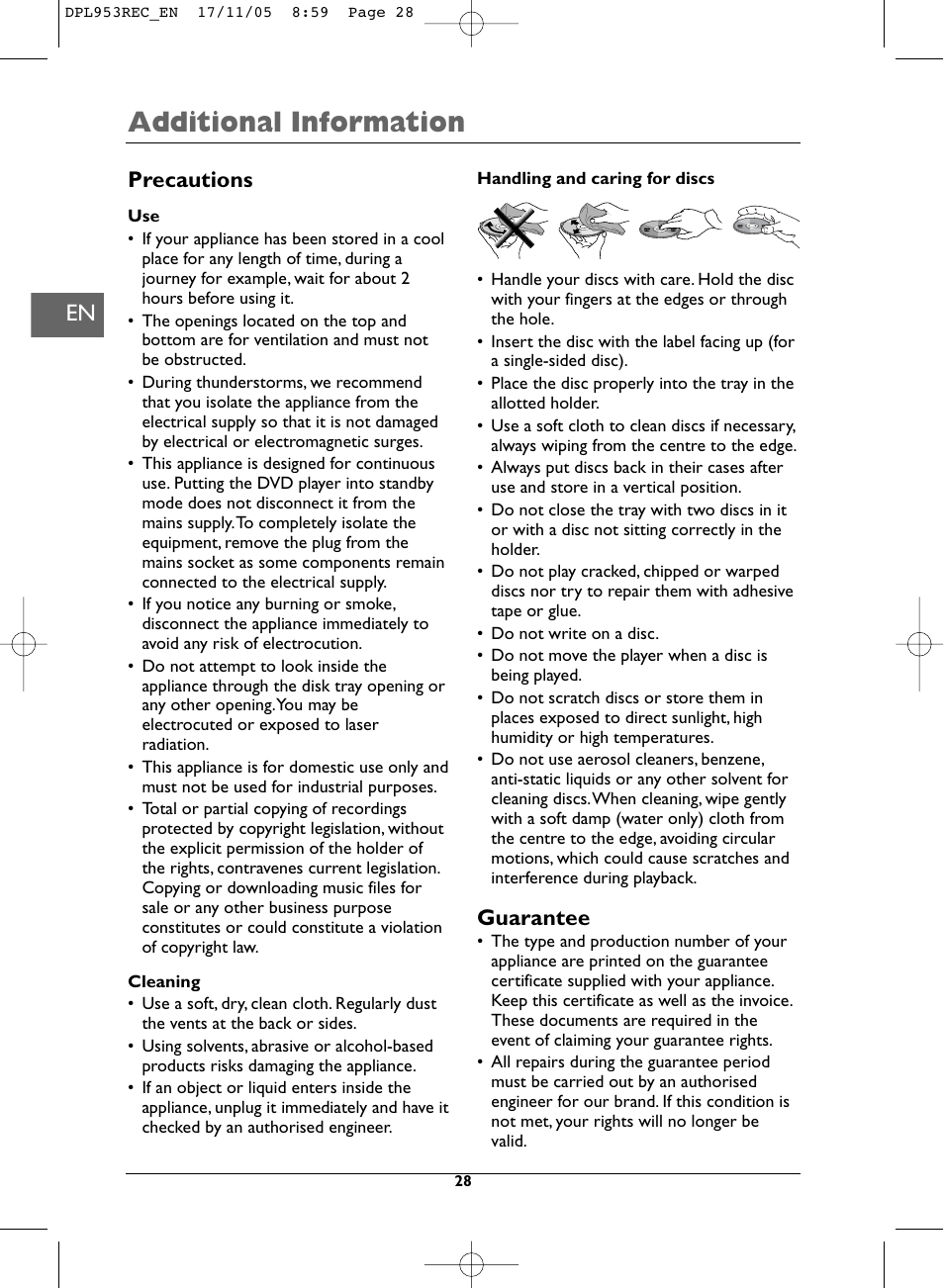 Additional information, Precautions, Guarantee | Technicolor - Thomson DPL953REC User Manual | Page 28 / 30