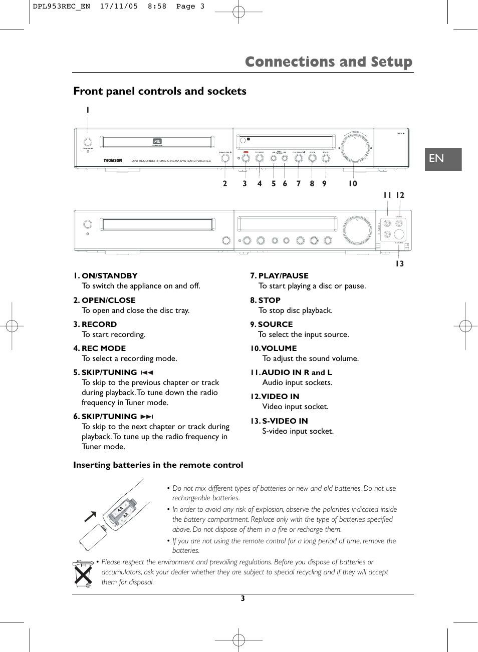 Connections and setup, Front panel controls and sockets | Technicolor - Thomson DPL953REC User Manual | Page 3 / 30