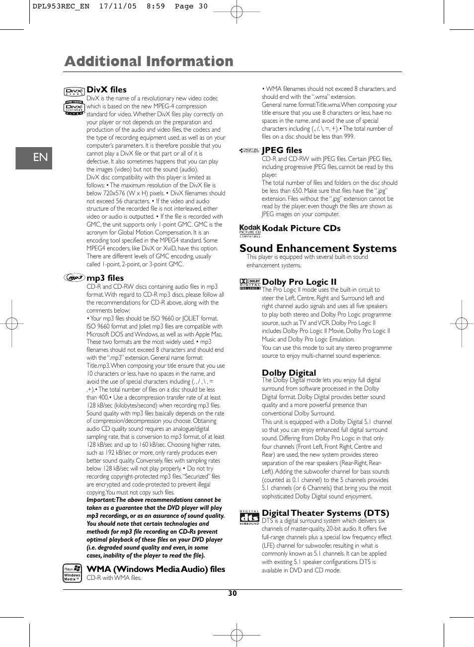 Additional information, Sound enhancement systems | Technicolor - Thomson DPL953REC User Manual | Page 30 / 30