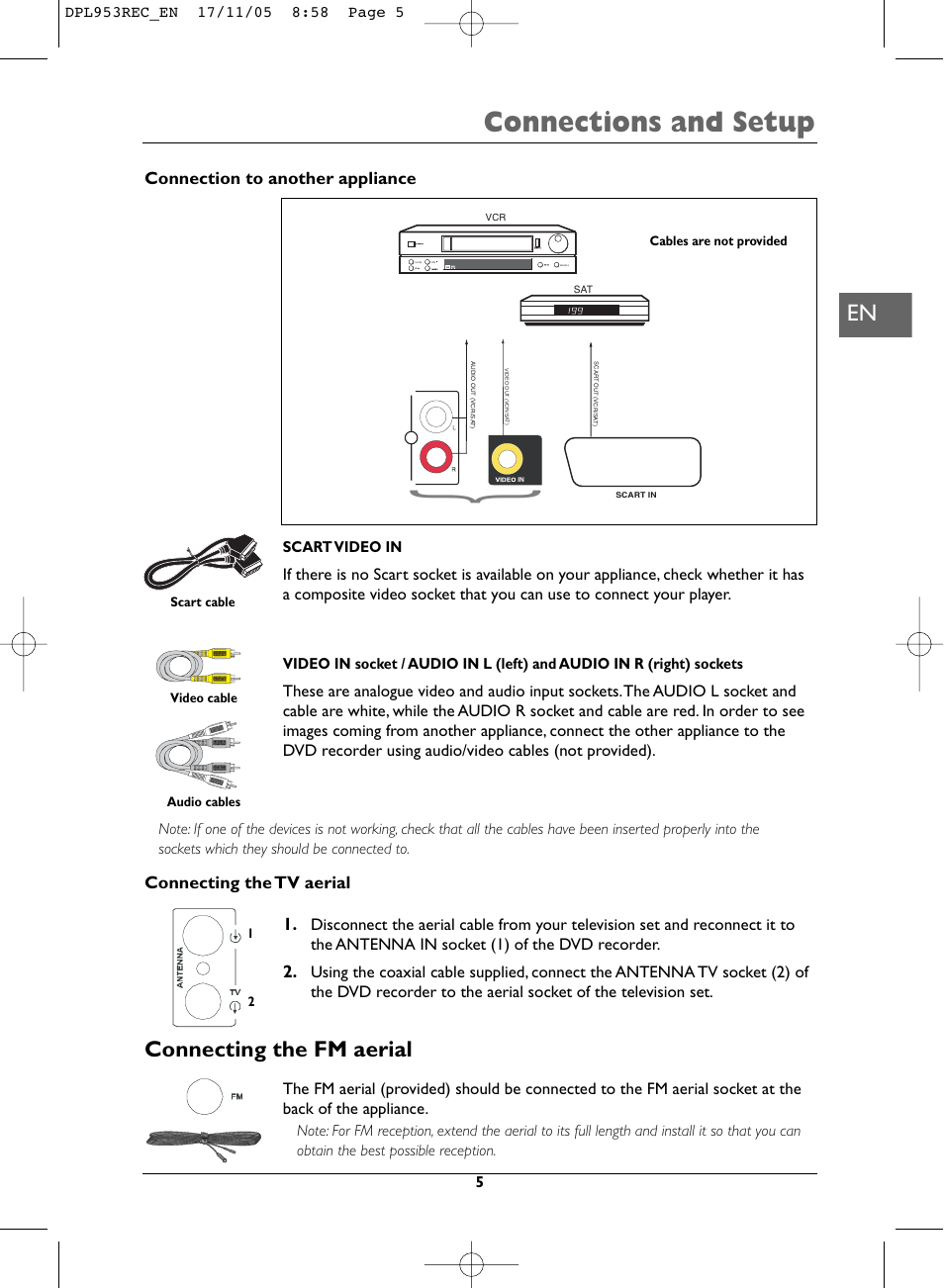 Connections and setup, Connecting the fm aerial | Technicolor - Thomson DPL953REC User Manual | Page 5 / 30