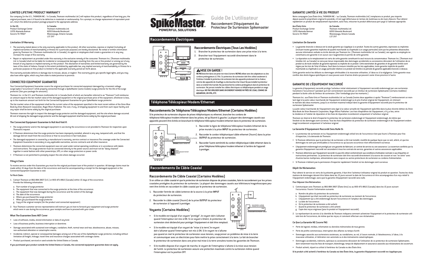 Guide de l’utilisateur, Téléphone/télécopieur/modem/ethernet, Raccordements de câble coaxial | Raccordements électriques (tous les modèles), Mise en garde, Raccordements de câble coaxial (certains modèles), Voyants (certains modèles), Limited lifetime product warranty, Connected equipment guarantee, Garantie limitée à vie du produit | Technicolor - Thomson SpikeMaster Series User Manual | Page 4 / 6