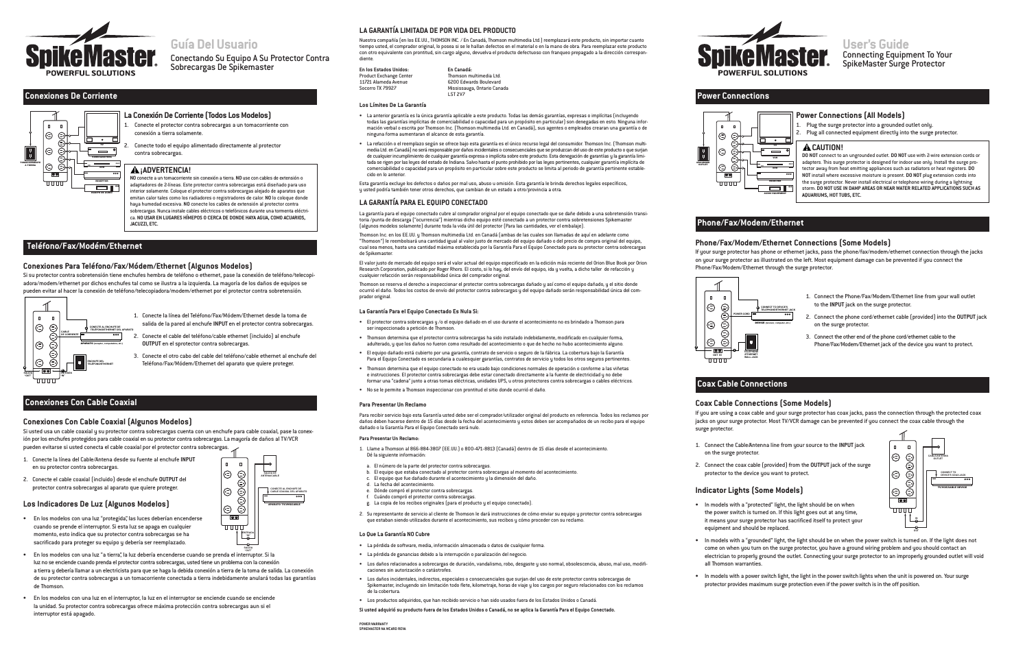User’s guide, Guía del usuario, Phone/fax/modem/ethernet | Coax cable connections, Teléfono/fax/modém/ethernet, Conexiones con cable coaxial, Power connections (all models), Caution, Phone/fax/modem/ethernet connections (some models), Coax cable connections (some models) | Technicolor - Thomson SpikeMaster Series User Manual | Page 6 / 6