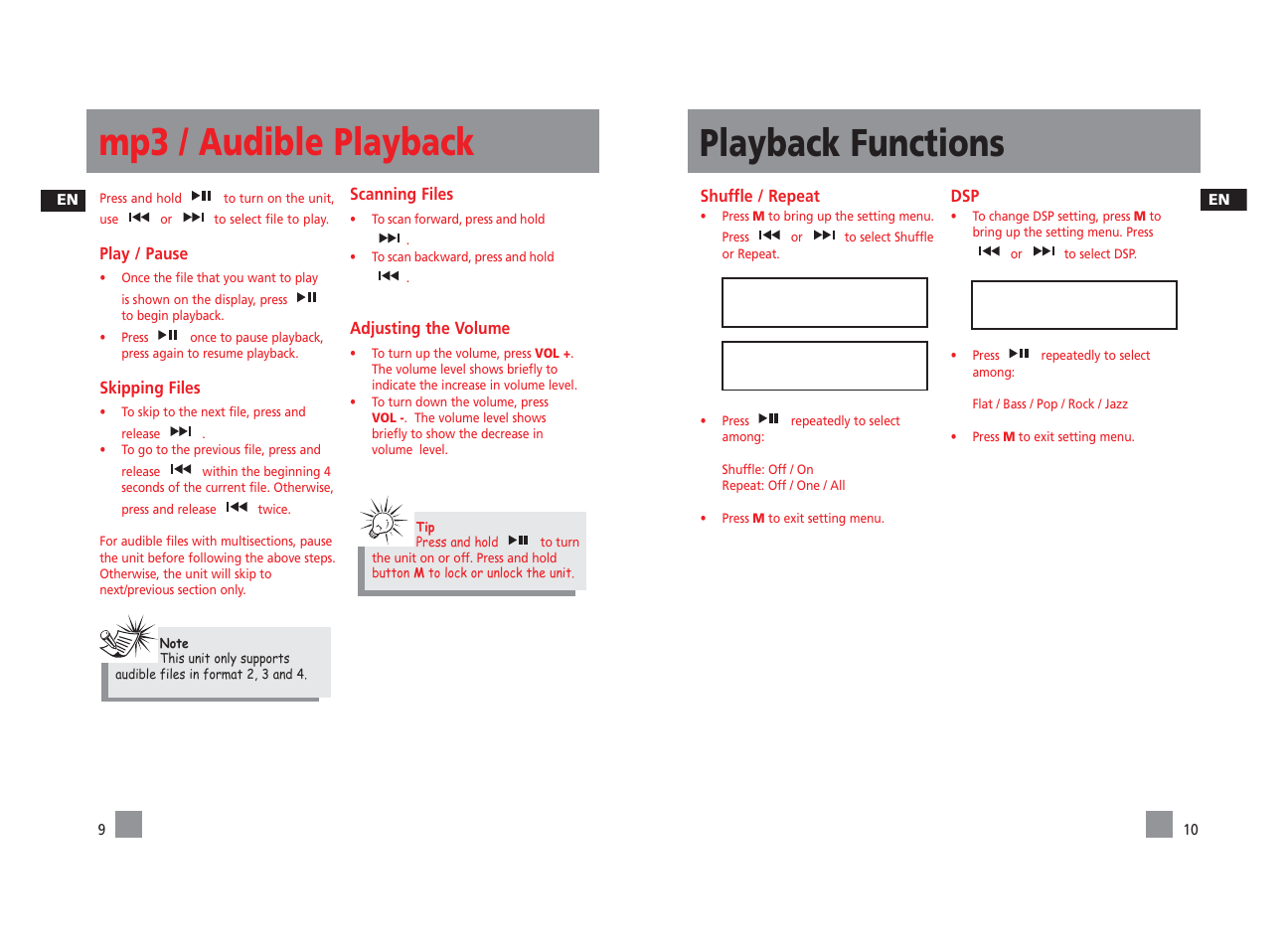Mp3 / audible playback playback functions | Technicolor - Thomson PDP22G1K User Manual | Page 10 / 24