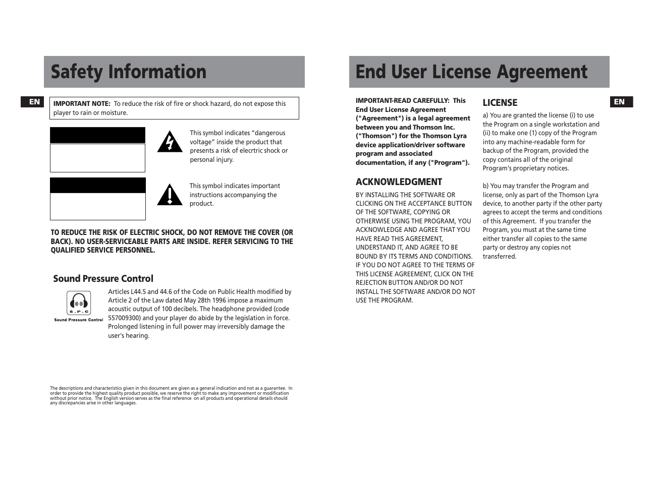 End user license agreement safety information, Caution attention | Technicolor - Thomson PDP22G1K User Manual | Page 2 / 24