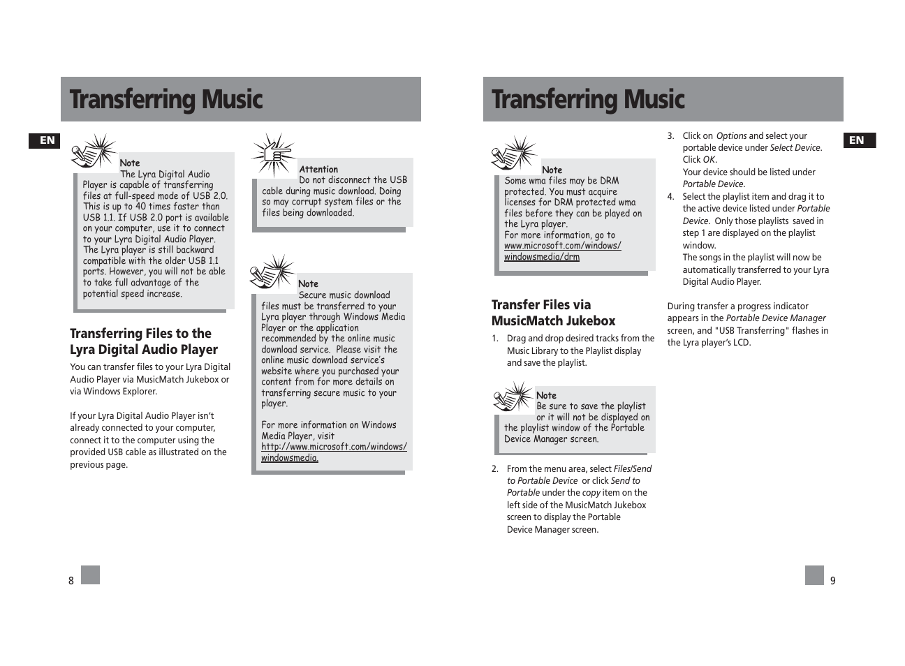 Transferring music, Transfer files via musicmatch jukebox | Technicolor - Thomson PDP22G1K User Manual | Page 22 / 24