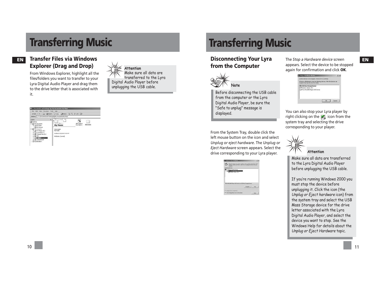 Transferring music, Disconnecting your lyra from the computer | Technicolor - Thomson PDP22G1K User Manual | Page 23 / 24