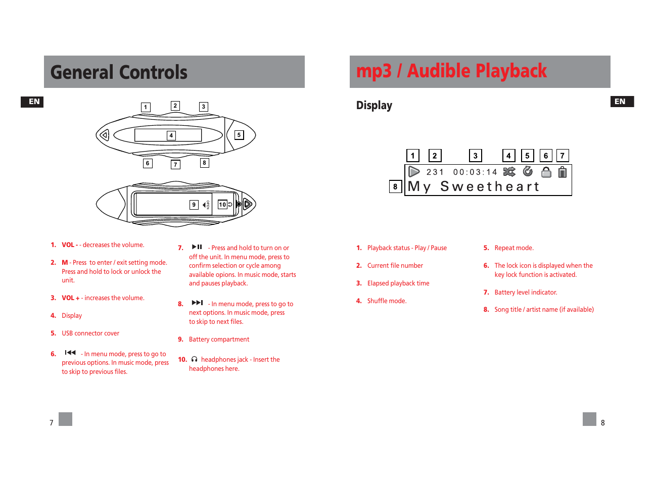 General controls, Mp3 / audible playback, Display | Technicolor - Thomson PDP22G1K User Manual | Page 9 / 24