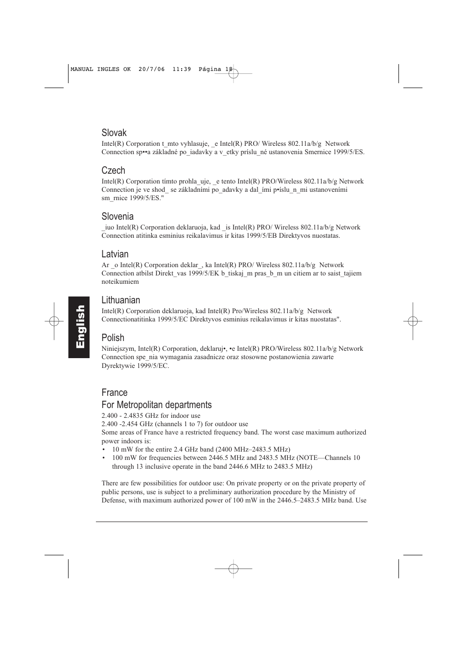 Eng lish, Slovak, Czech | Slovenia, Latvian, Lithuanian, Polish, France for metropolitan departments | Taiwan Electrical & Electronic Manufacturers N930R User Manual | Page 19 / 99