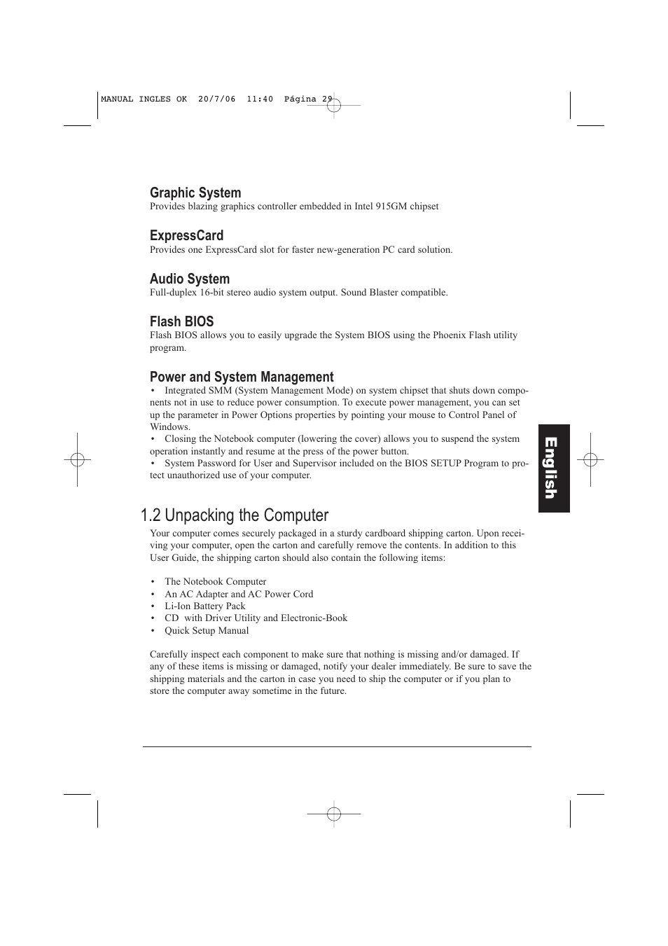 2 unpacking the computer, Eng lish, Graphic system | Expresscard, Audio system, Flash bios, Power and system management | Taiwan Electrical & Electronic Manufacturers N930R User Manual | Page 30 / 99