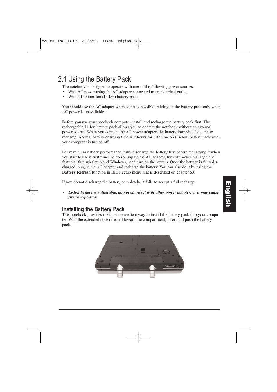 1 using the battery pack, Eng lish, Installing the battery pack | Taiwan Electrical & Electronic Manufacturers N930R User Manual | Page 42 / 99