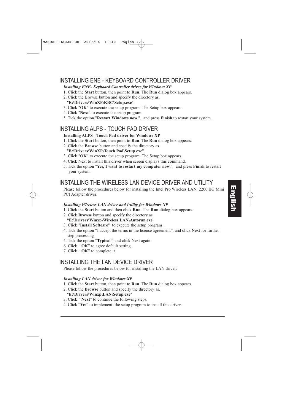 Eng lish, Installing ene - keyboard controller driver, Installing alps - touch pad driver | Installing the lan device driver | Taiwan Electrical & Electronic Manufacturers N930R User Manual | Page 48 / 99