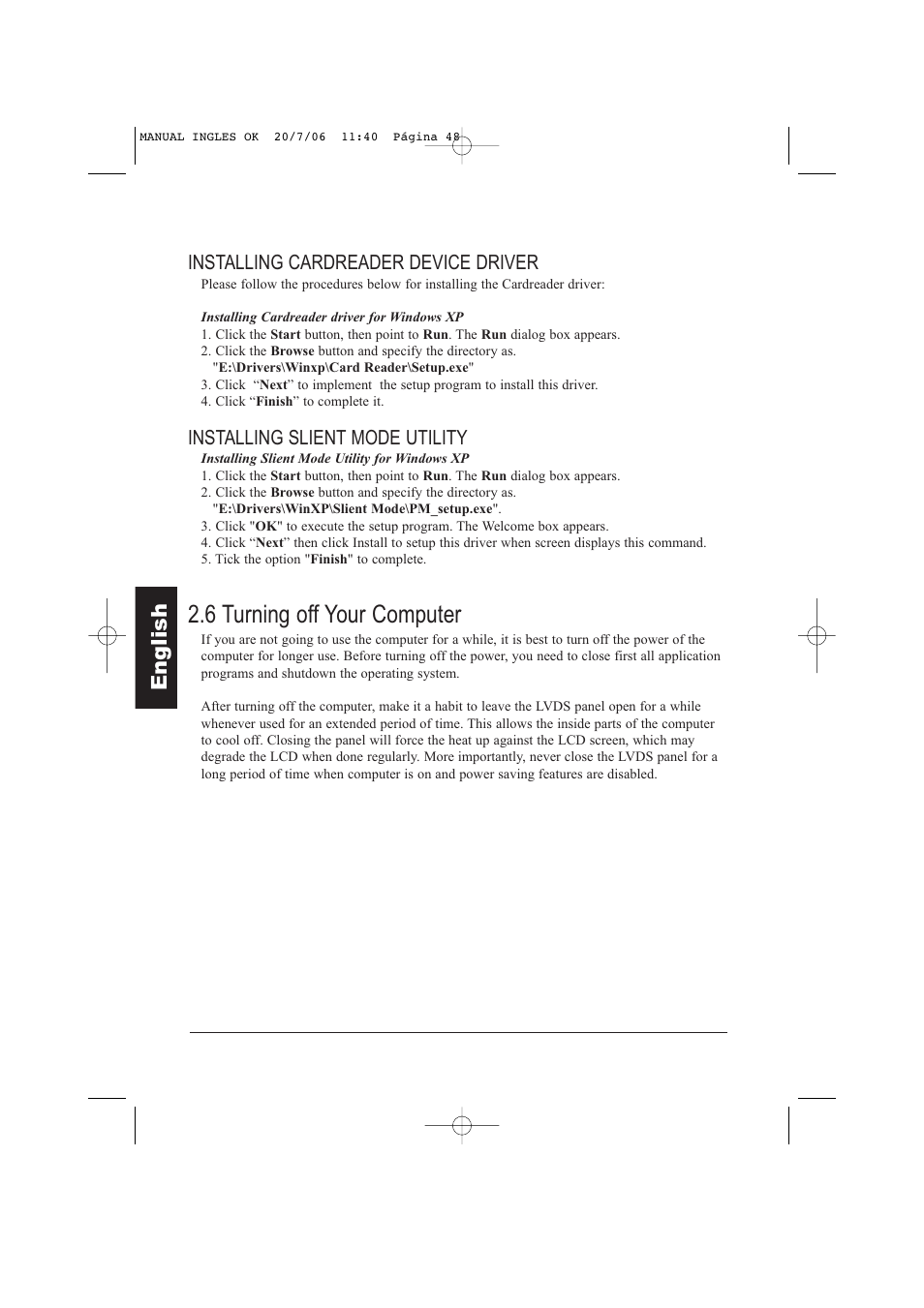 6 turning off your computer, Eng lish, Installing cardreader device driver | Installing slient mode utility | Taiwan Electrical & Electronic Manufacturers N930R User Manual | Page 49 / 99