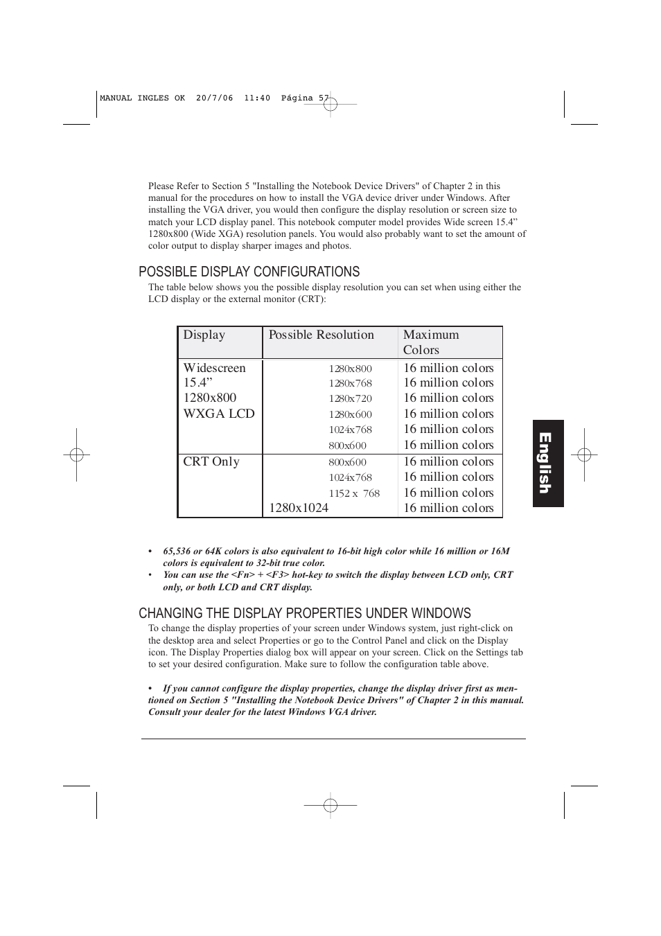 Eng lish, Possible display configurations, Changing the display properties under windows | Taiwan Electrical & Electronic Manufacturers N930R User Manual | Page 58 / 99