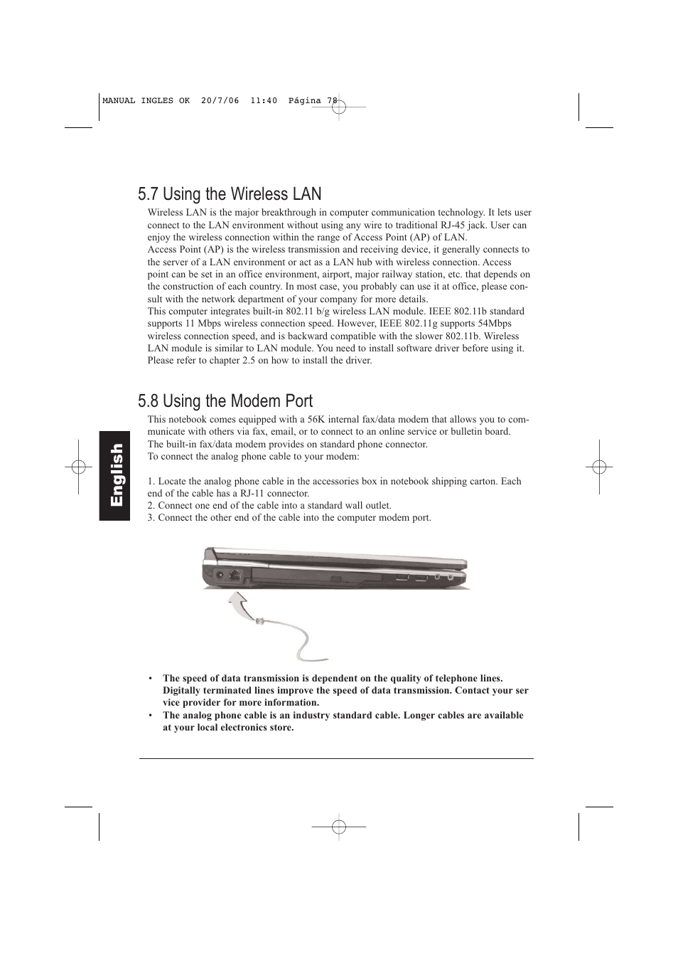 7 using the wireless lan, 8 using the modem port, Eng lish | Taiwan Electrical & Electronic Manufacturers N930R User Manual | Page 79 / 99