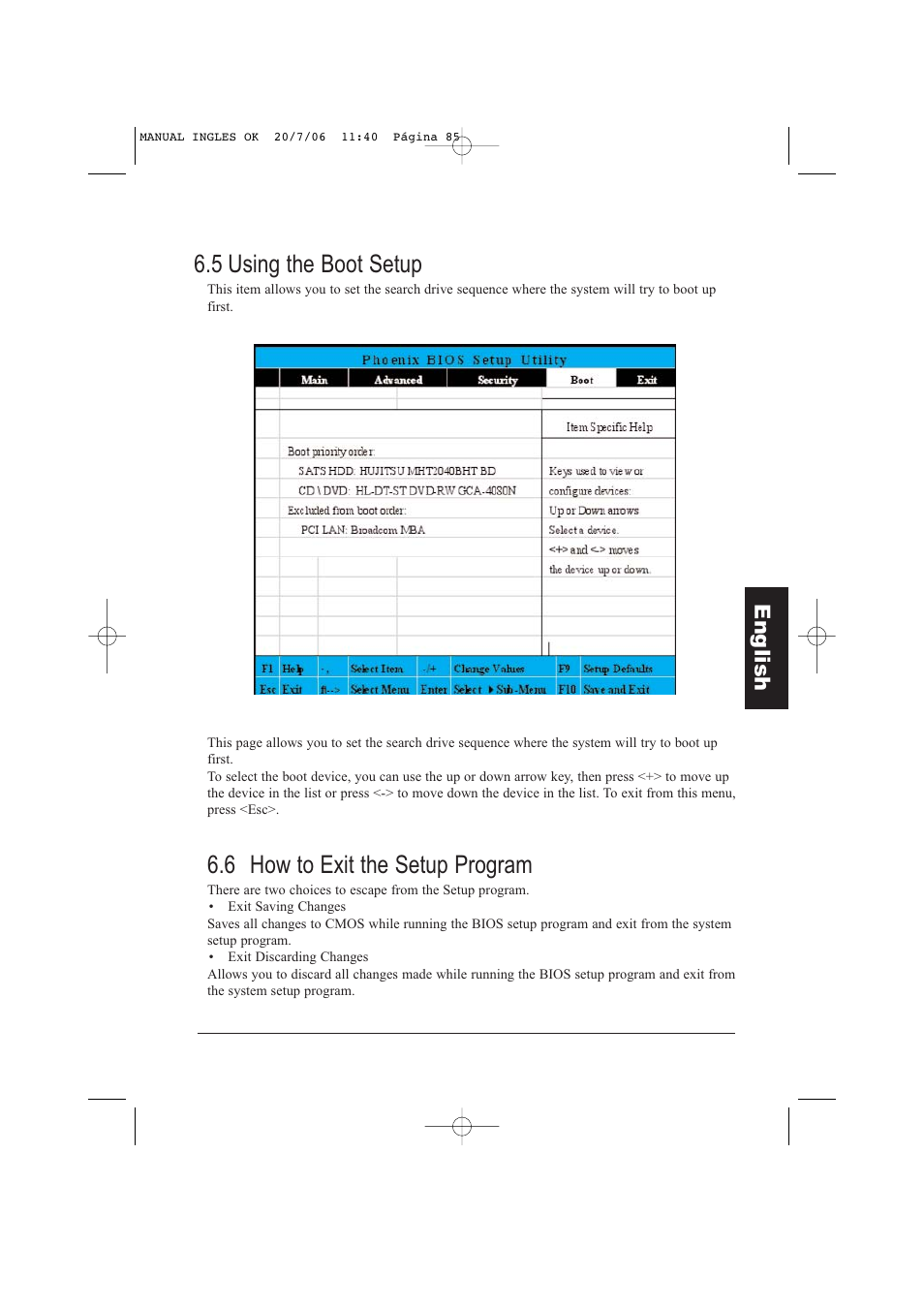 5 using the boot setup, 6 how to exit the setup program, Eng lish | Taiwan Electrical & Electronic Manufacturers N930R User Manual | Page 86 / 99