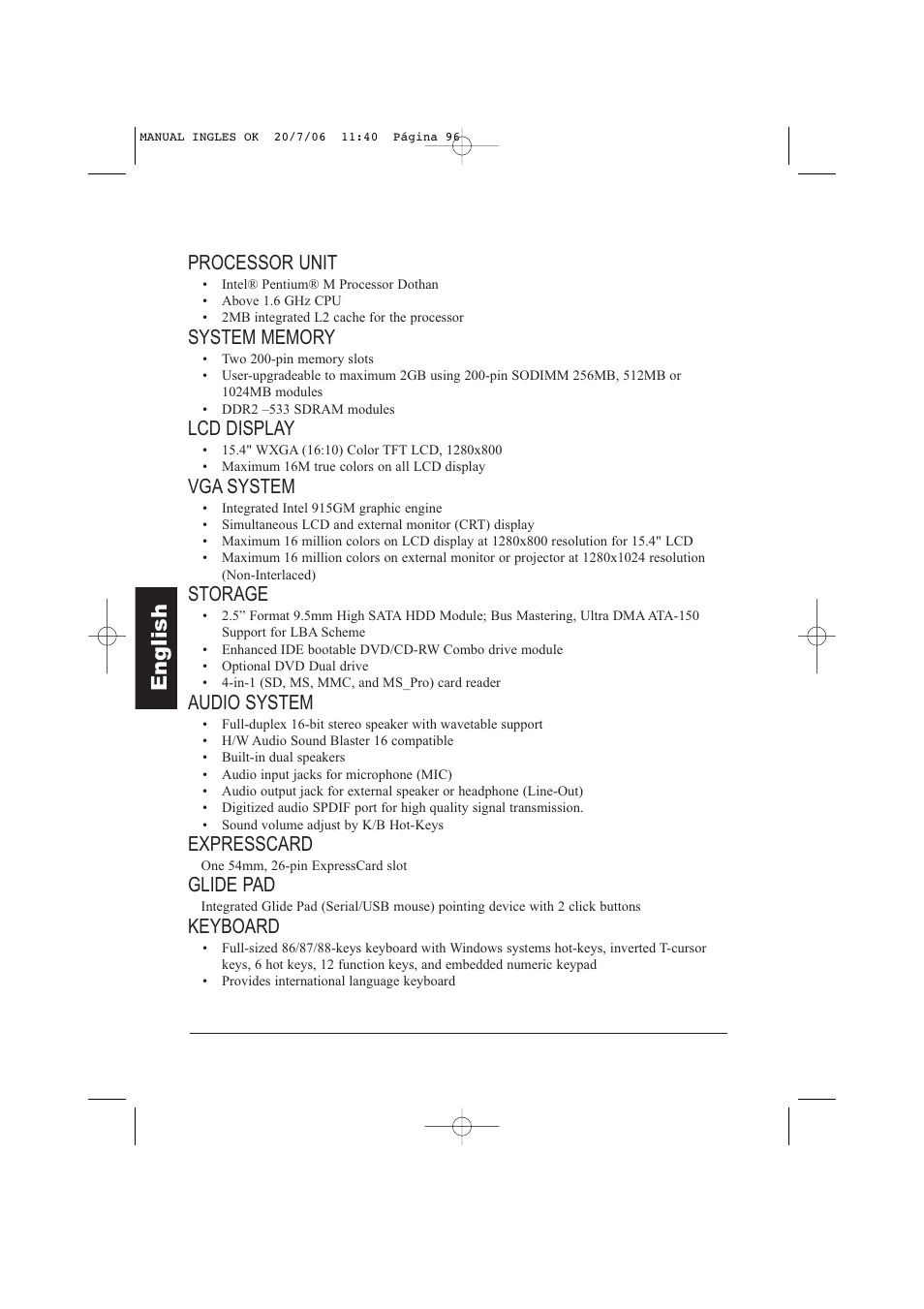 Eng lish, Processor unit, Lcd display | Vga system, Storage, Audio system, Expresscard, Glide pad, Keyboard | Taiwan Electrical & Electronic Manufacturers N930R User Manual | Page 97 / 99