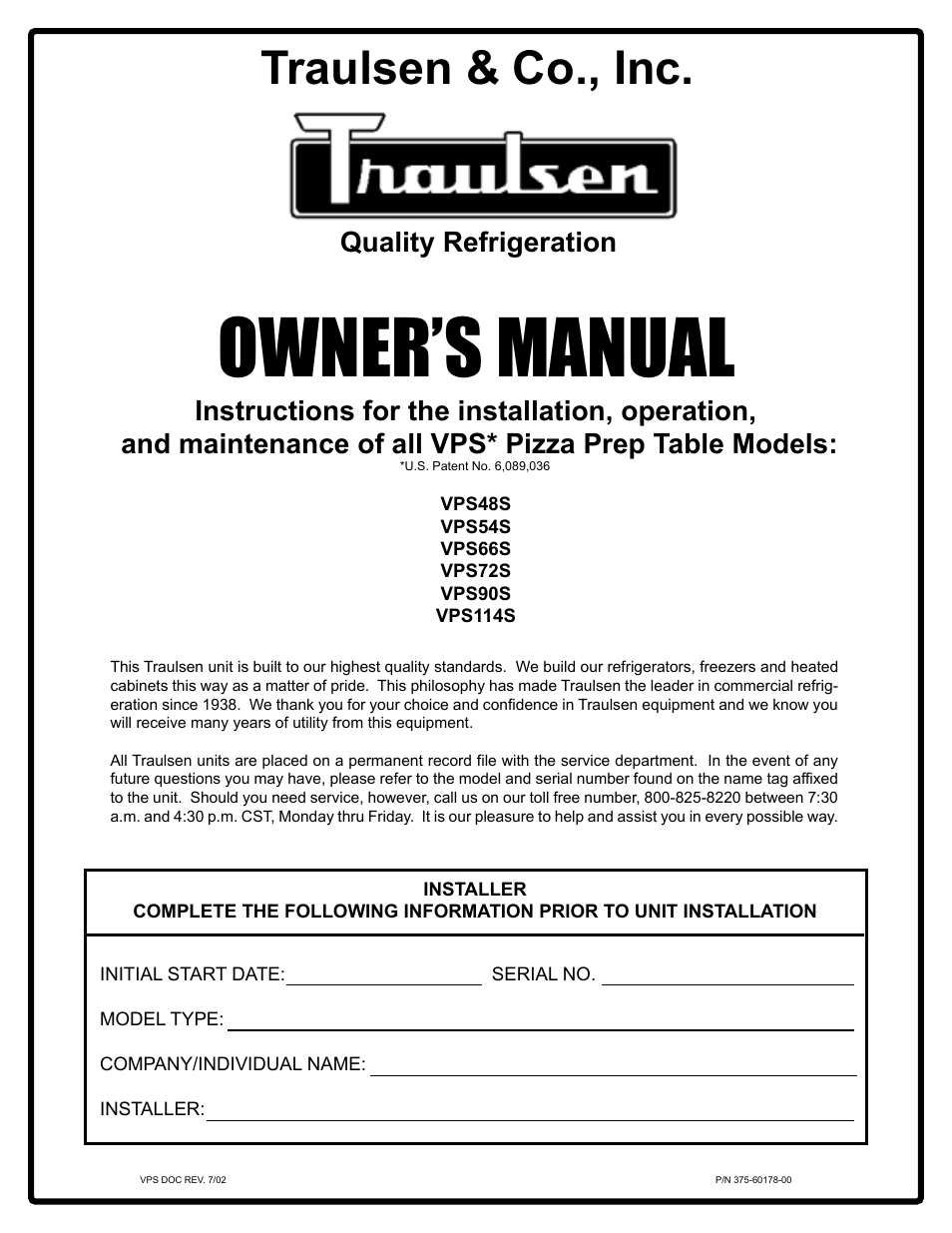 Traulsen VPS90S User Manual | 16 pages