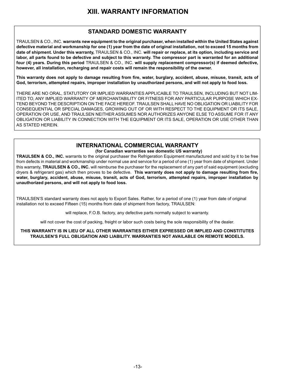 Xiii. warranty information | Traulsen VPS90S User Manual | Page 14 / 16