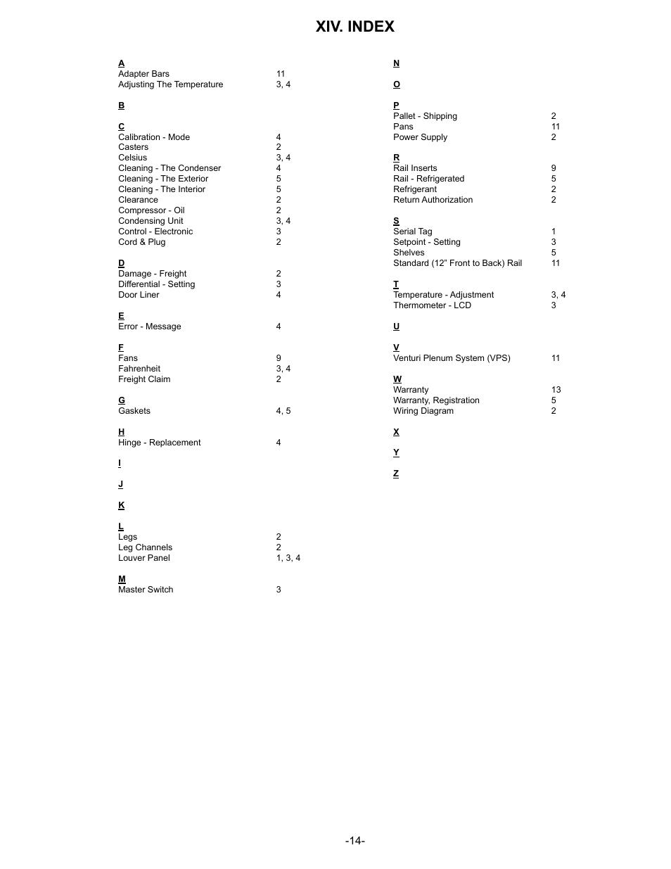 Xiv. index | Traulsen VPS90S User Manual | Page 15 / 16