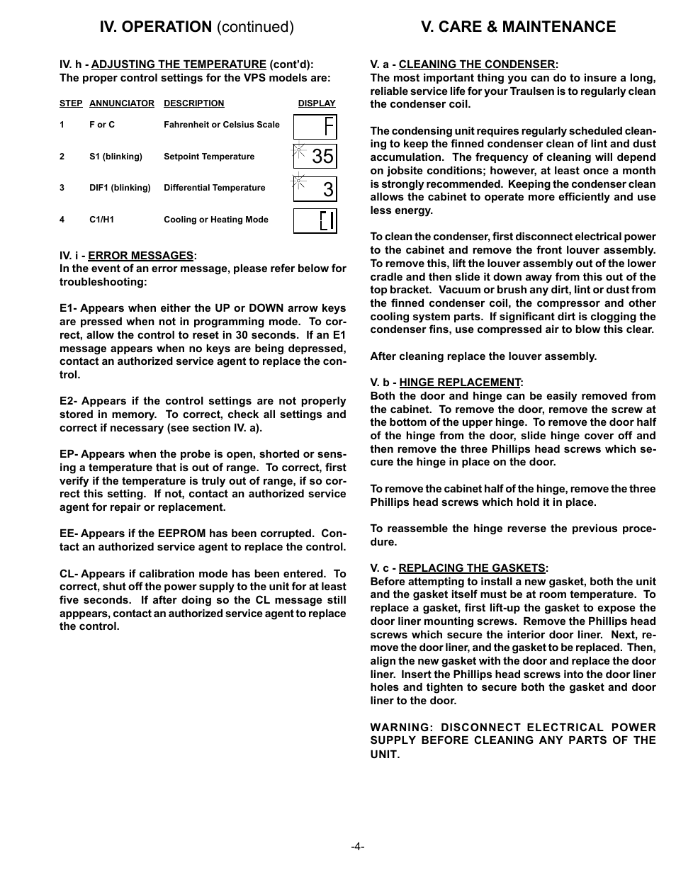 Iv. operation (continued), V. care & maintenance | Traulsen VPS90S User Manual | Page 5 / 16
