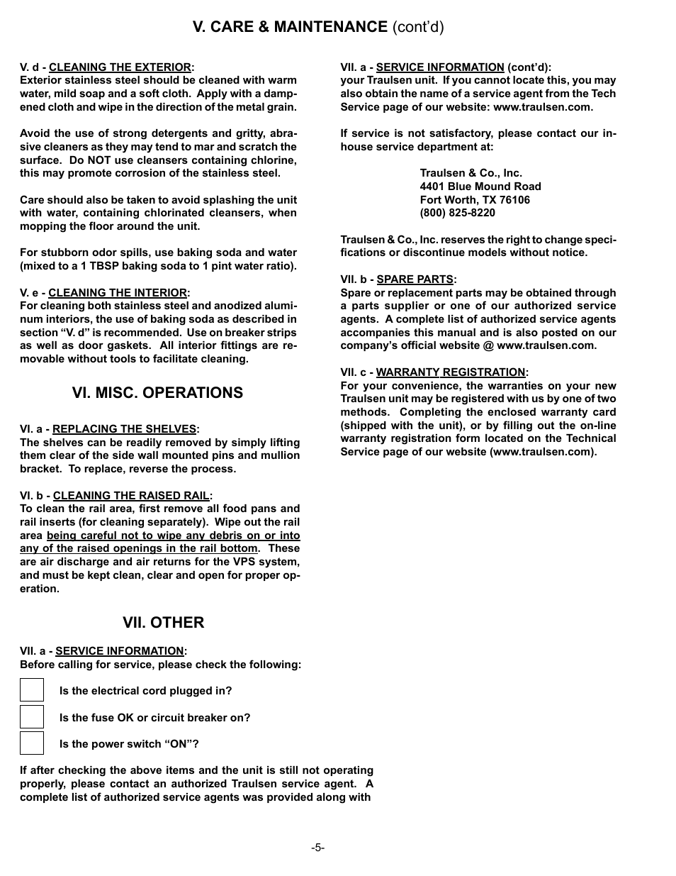 V. care & maintenance (cont’d), Vi. misc. operations vii. other | Traulsen VPS90S User Manual | Page 6 / 16
