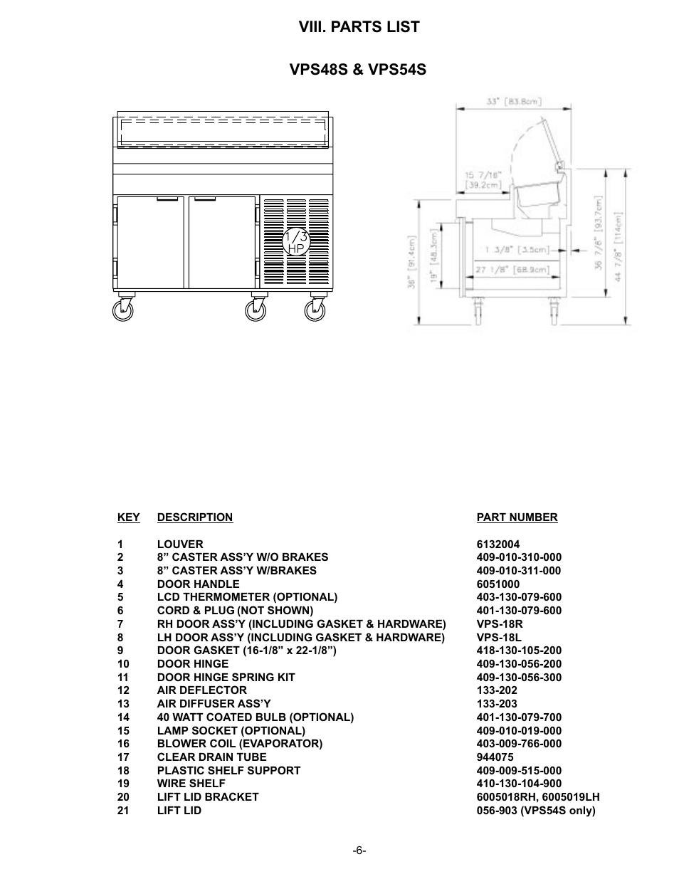 Viii. parts list vps48s & vps54s | Traulsen VPS90S User Manual | Page 7 / 16