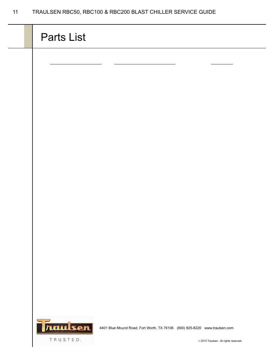 Parts list | Traulsen RBC100  EN User Manual | Page 12 / 12