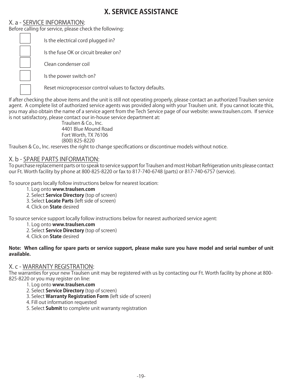 X. service assistance | Traulsen TU044HT User Manual | Page 20 / 24
