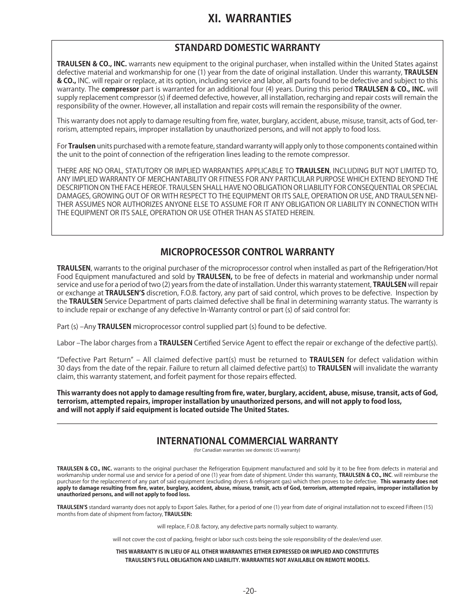 Xi. warranties, Standard domestic warranty, Microprocessor control warranty | International commercial warranty | Traulsen TU044HT User Manual | Page 21 / 24