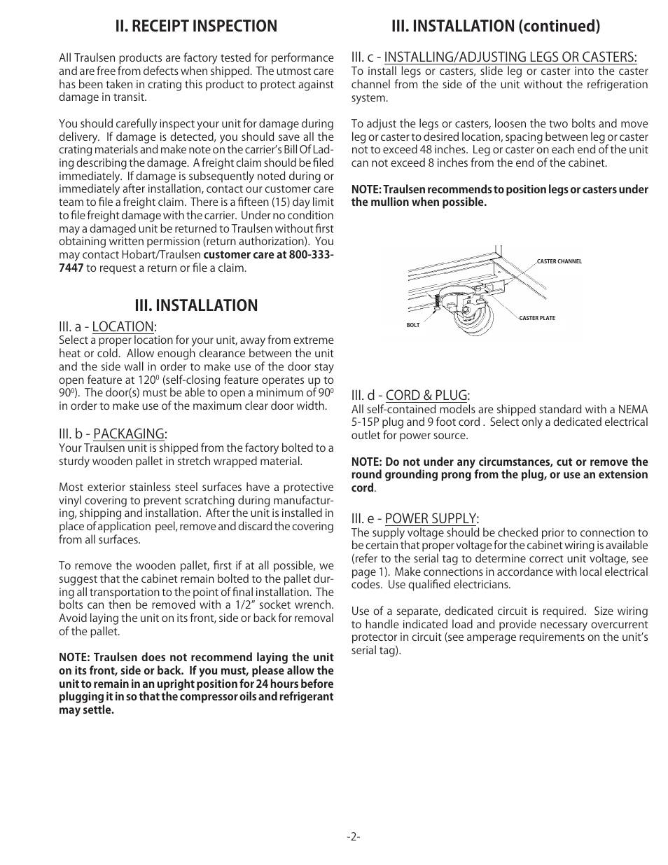 Ii. receipt inspection, Iii. installation iii. installation (continued) | Traulsen TU044HT User Manual | Page 3 / 24