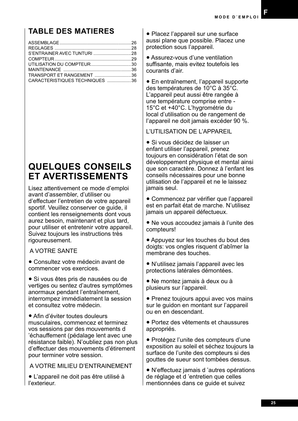 Quelques conseils et avertissements | Tunturi E40 User Manual | Page 25 / 96