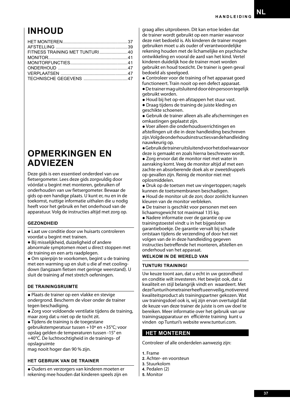 Opmerkingen en adviezen, Inhoud | Tunturi E40 User Manual | Page 37 / 96