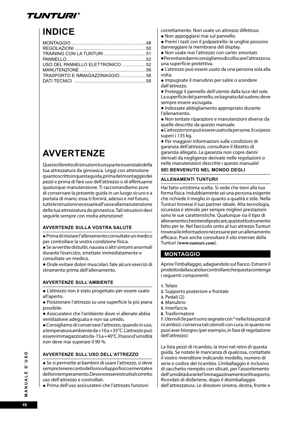 Avvertenze, Indice | Tunturi E40 User Manual | Page 48 / 96