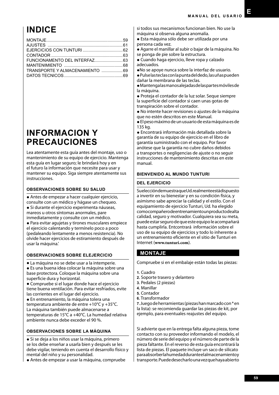 Informacion y precauciones, Indice | Tunturi E40 User Manual | Page 59 / 96