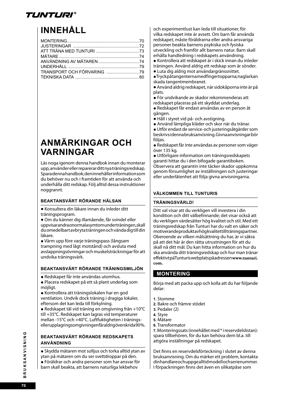 Anmärkingar och varningar, Innehåll | Tunturi E40 User Manual | Page 70 / 96