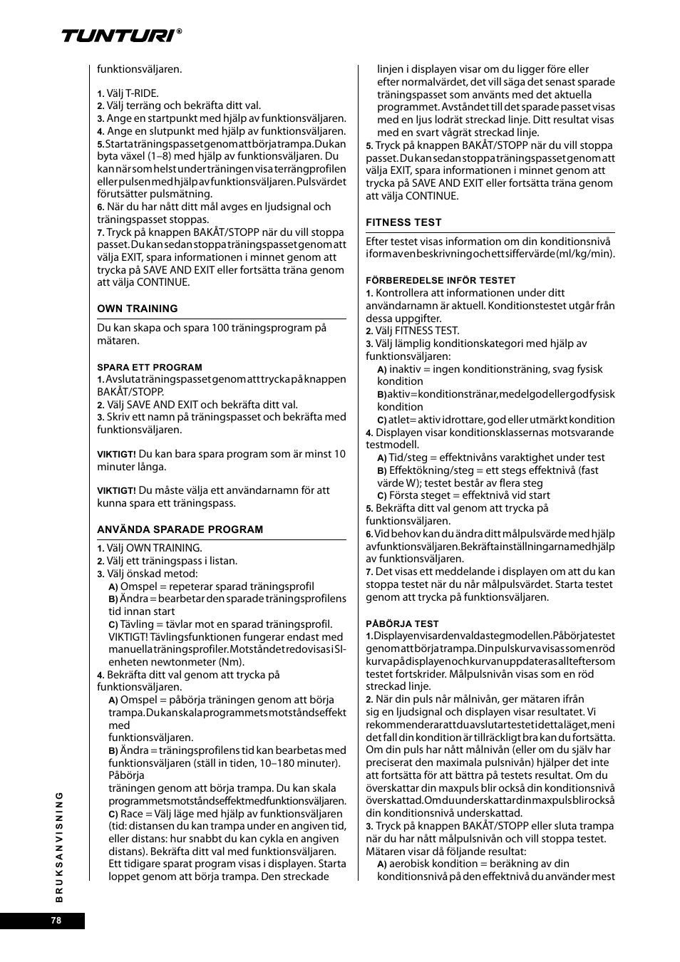 Tunturi E40 User Manual | Page 78 / 96