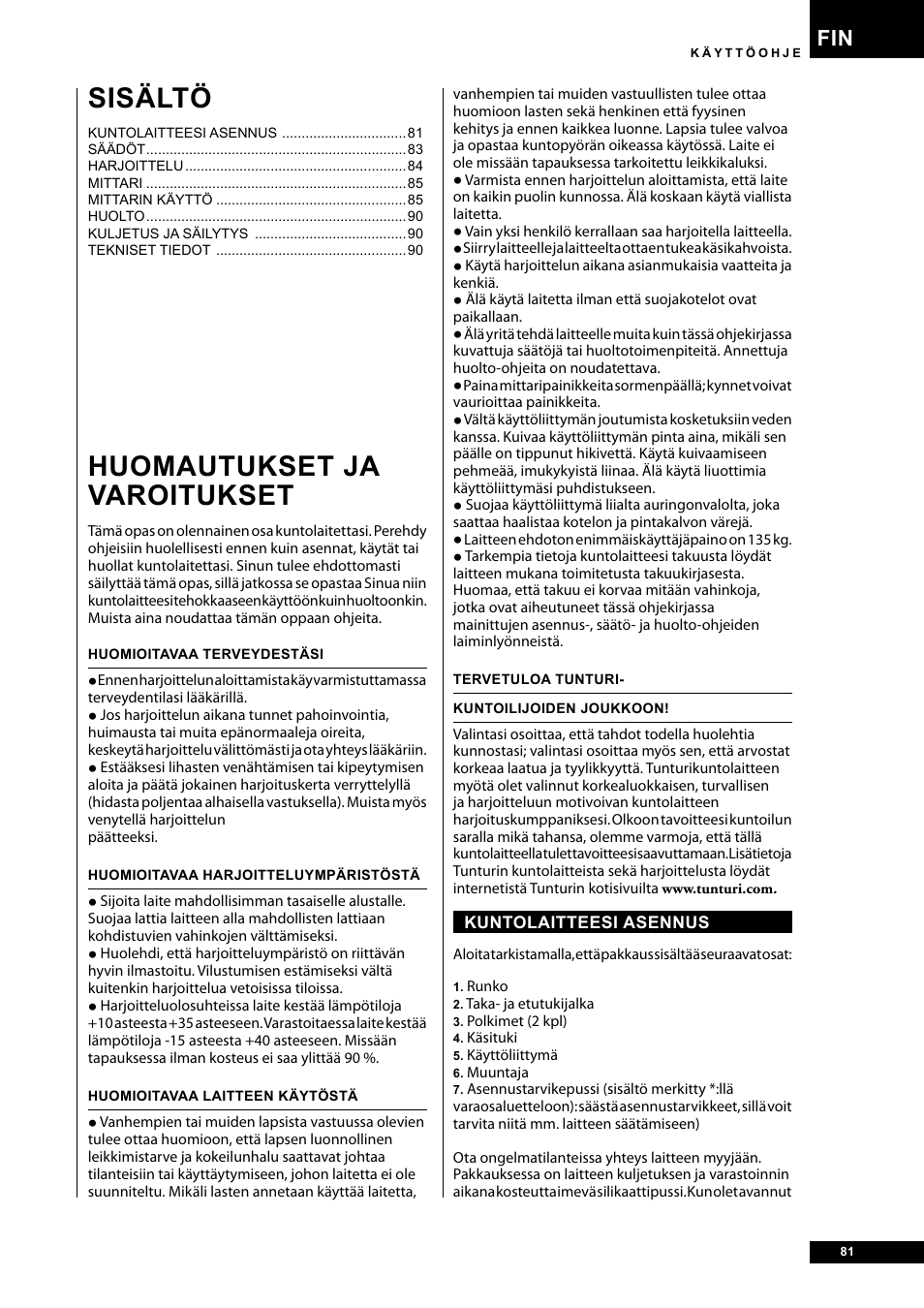 Huomautukset ja varoitukset, Sisältö | Tunturi E40 User Manual | Page 81 / 96