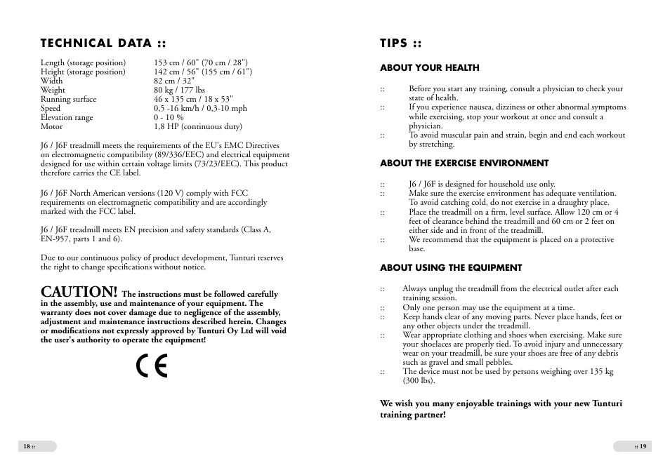 Caution | Tunturi J6 User Manual | Page 10 / 13