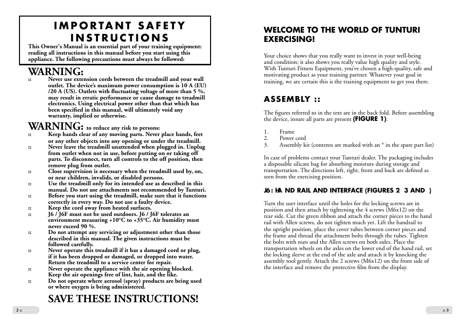 Warning, Save these instructions | Tunturi J6 User Manual | Page 2 / 13