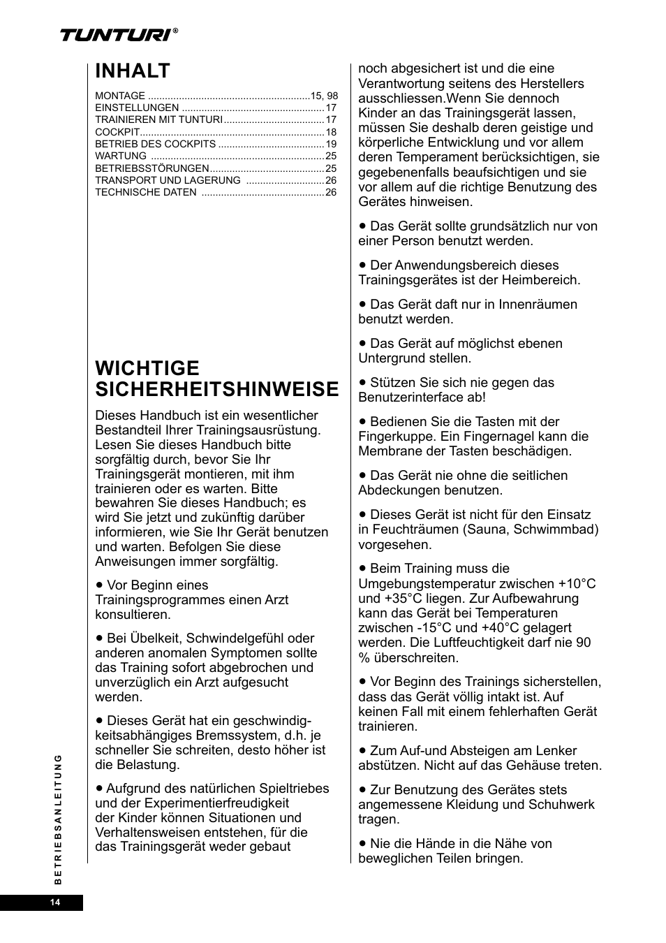 Wichtige sicherheitshinweise, Inhalt | Tunturi E80R User Manual | Page 14 / 112