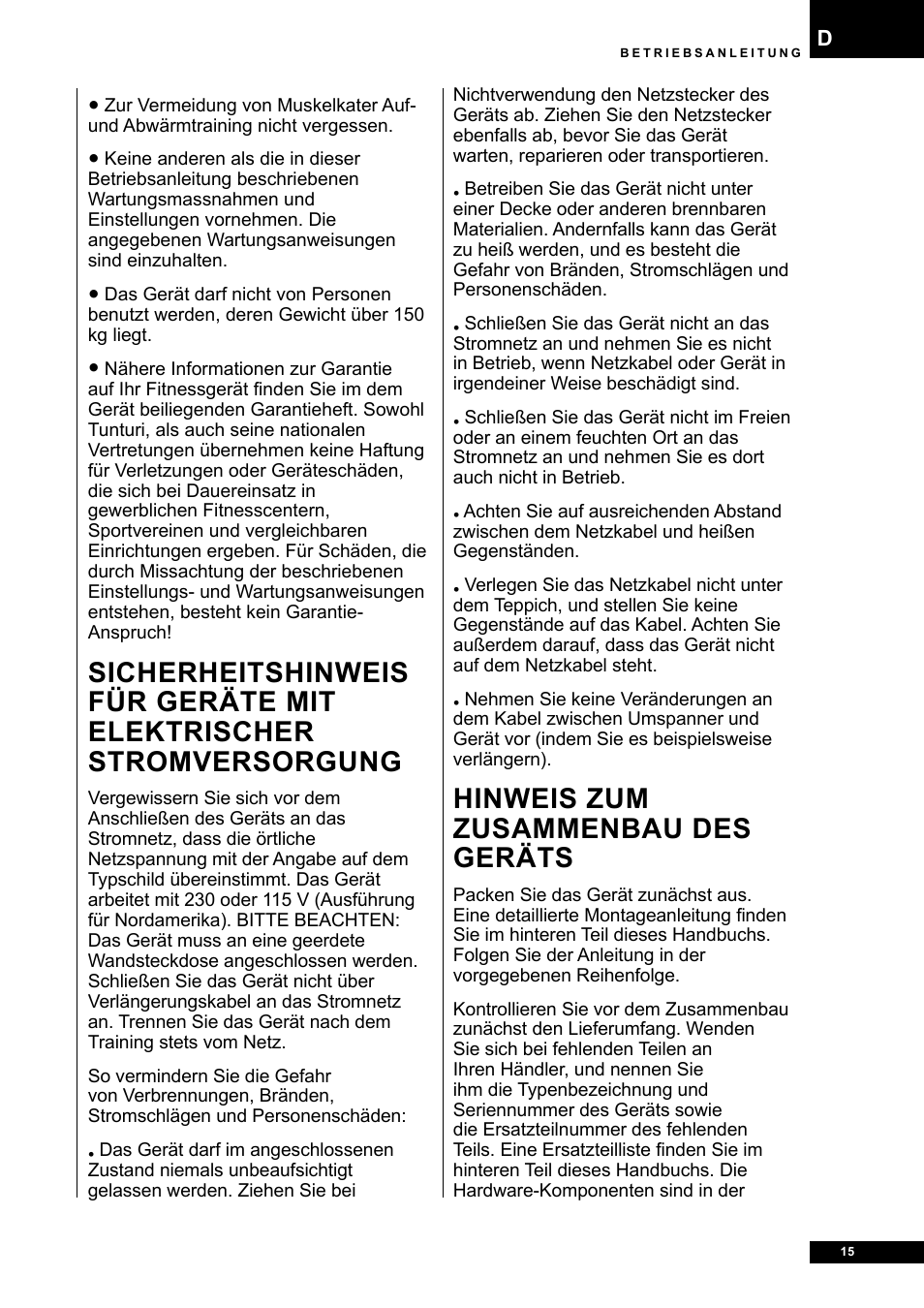 Hinweis zum zusammenbau des geräts | Tunturi E80R User Manual | Page 15 / 112