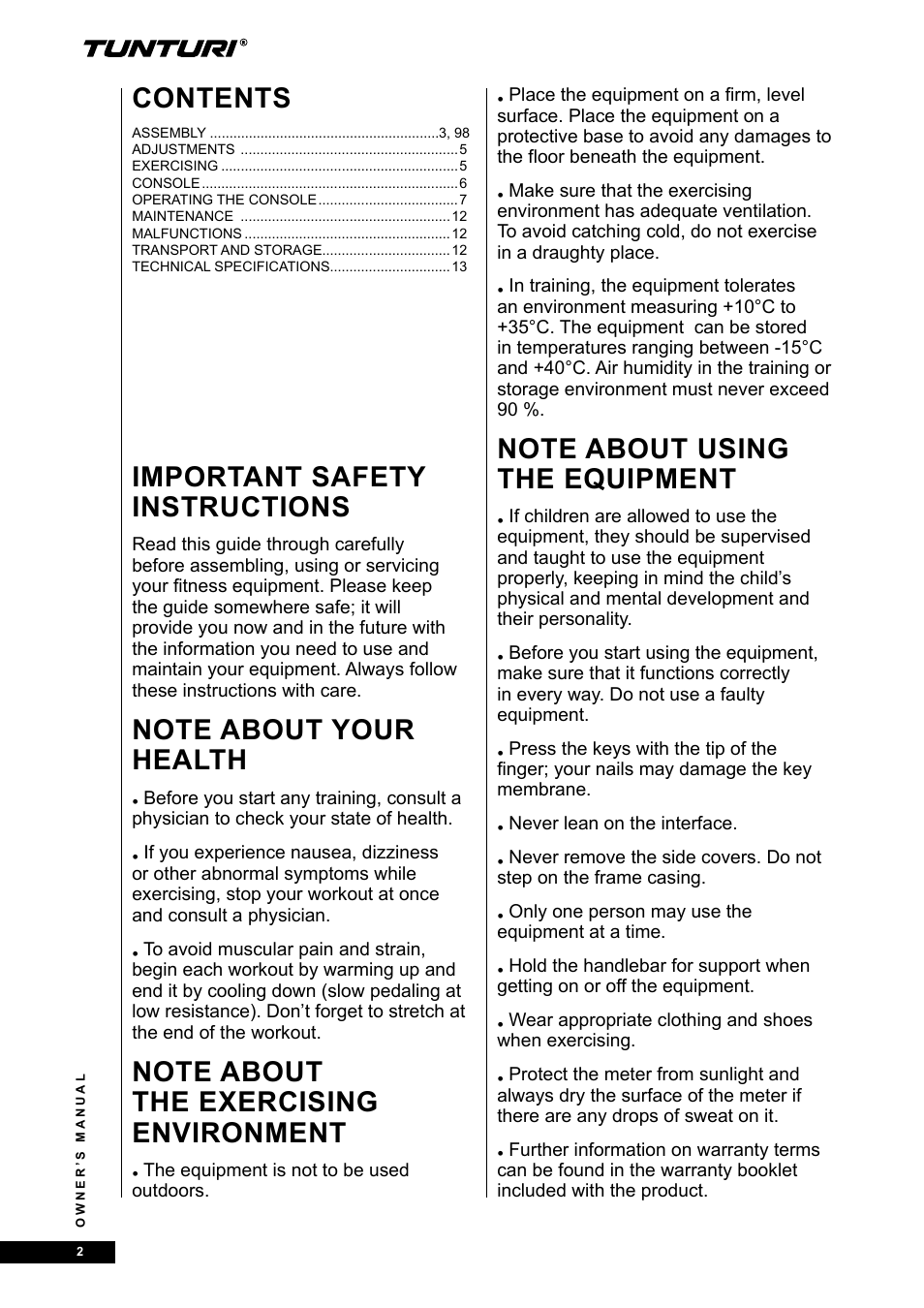 Tunturi E80R User Manual | Page 2 / 112
