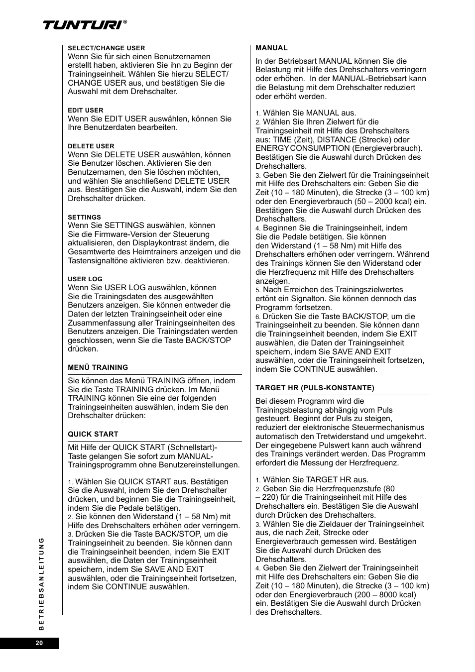 Tunturi E80R User Manual | Page 20 / 112