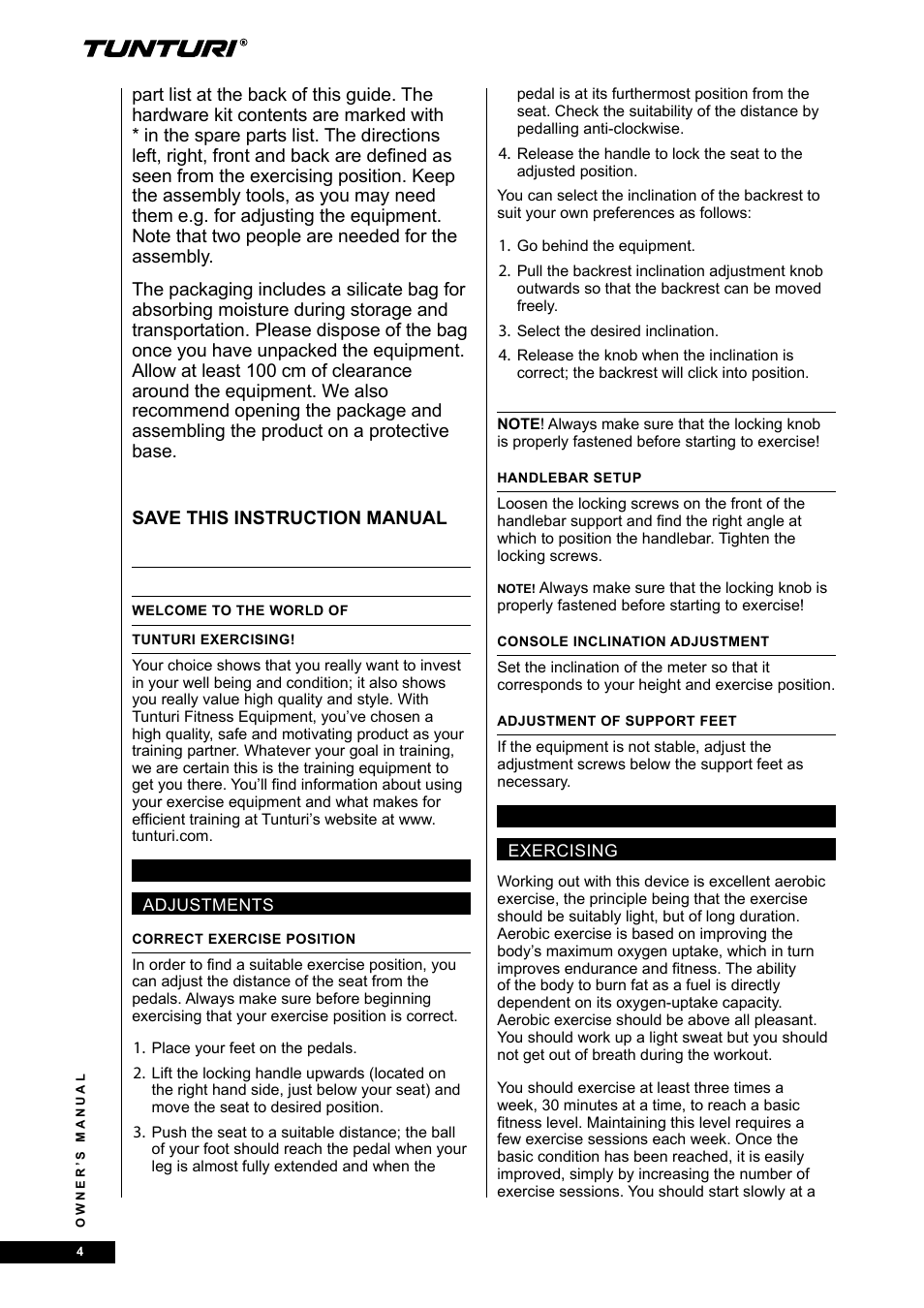 Tunturi E80R User Manual | Page 4 / 112