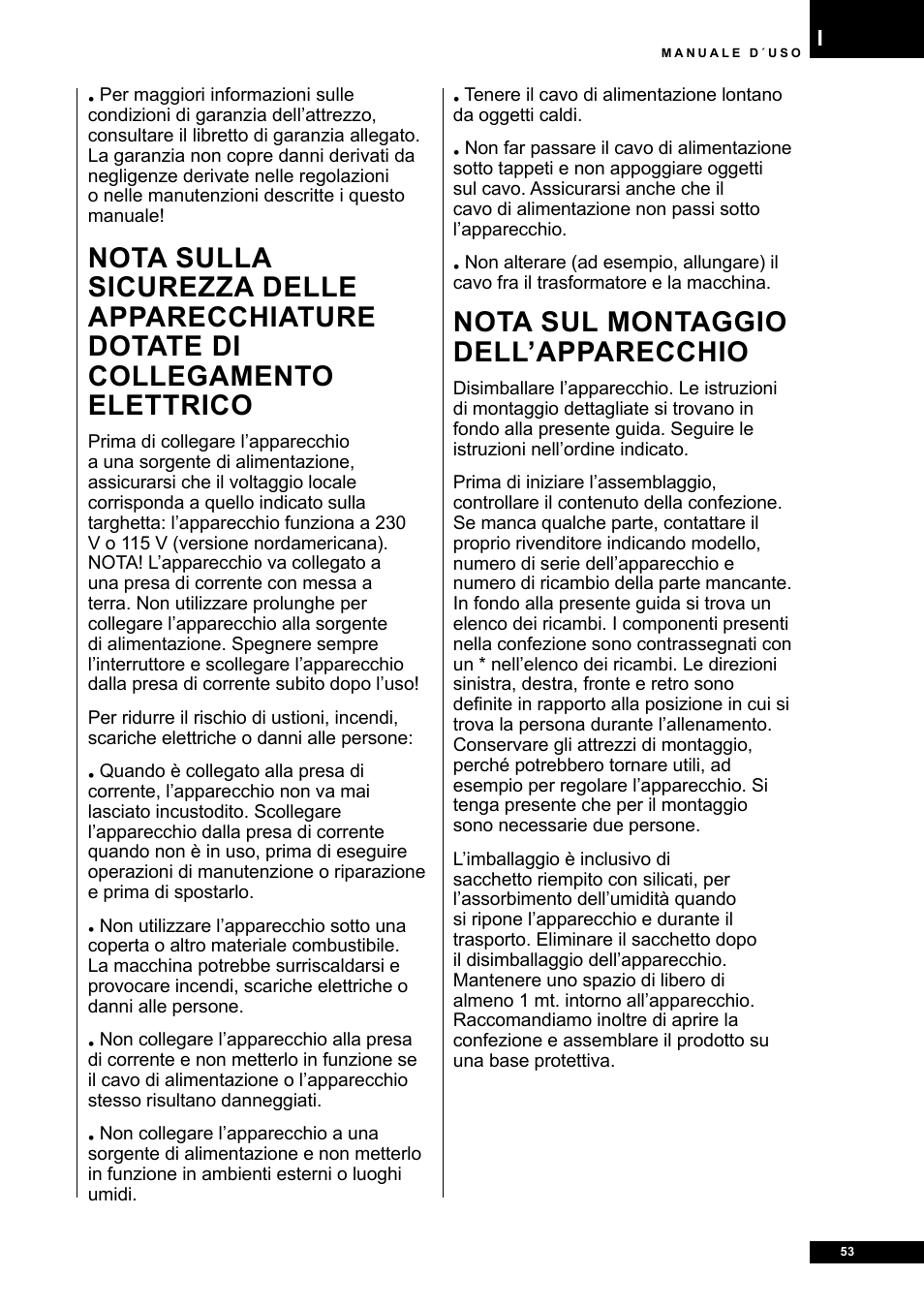 Nota sul montaggio dell’apparecchio | Tunturi E80R User Manual | Page 53 / 112