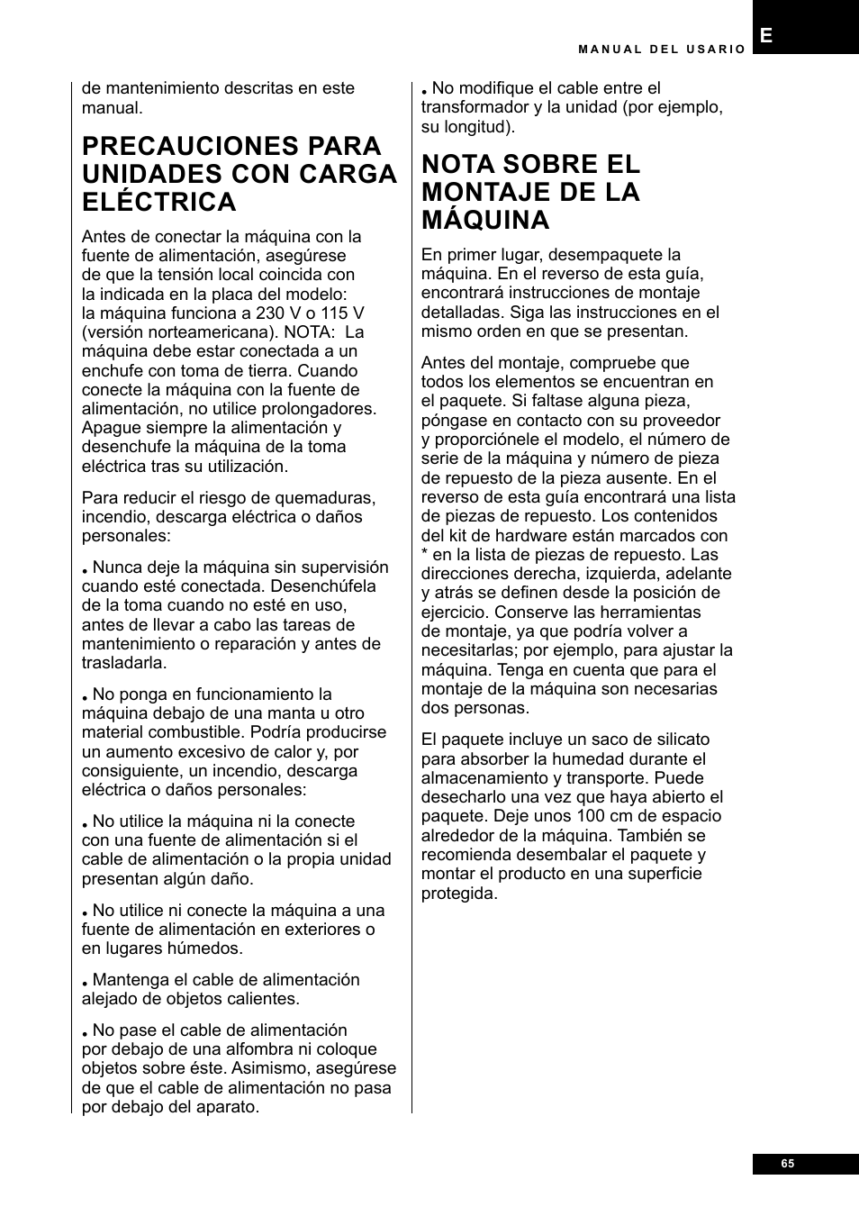 Precauciones para unidades con carga eléctrica, Nota sobre el montaje de la máquina | Tunturi E80R User Manual | Page 65 / 112